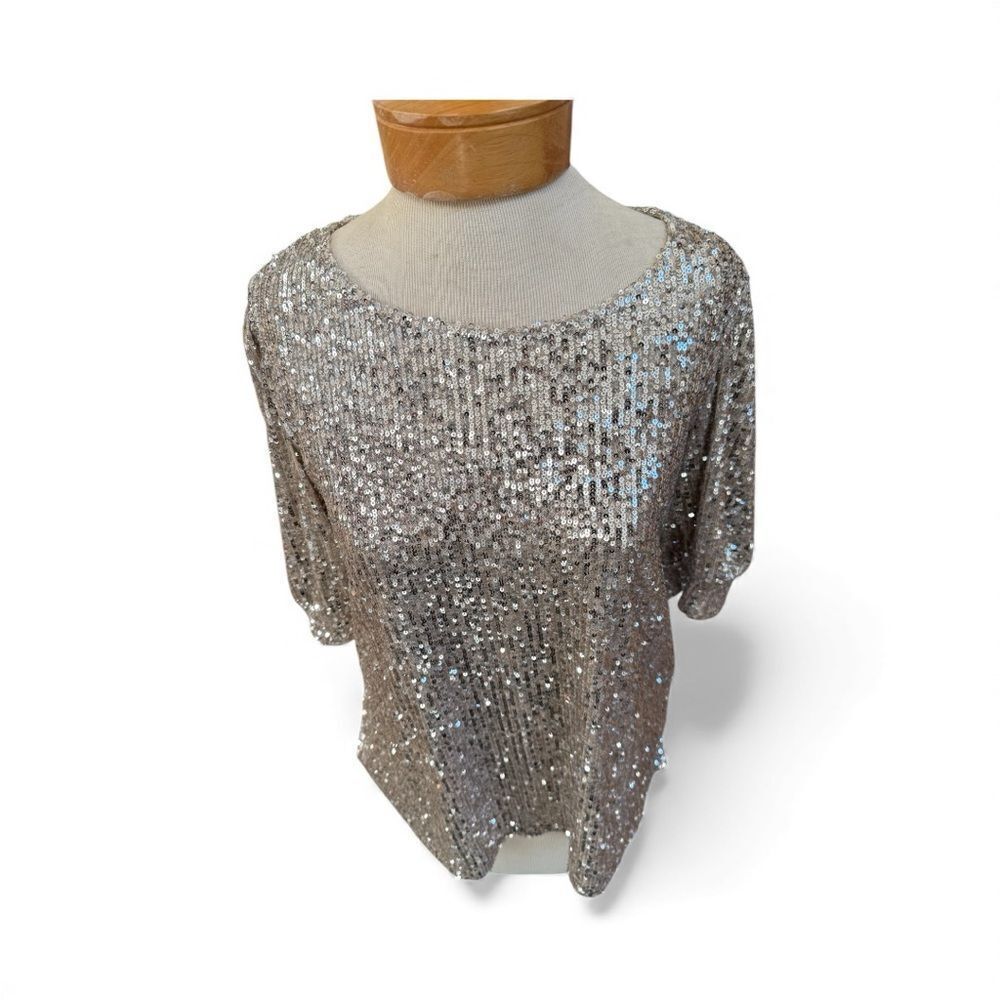 Cable & Gauge Sequin Top L | Champagne Silver Metallic Holiday Party size Lg